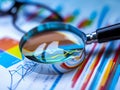 Magnifying glass and documents with analytics data lying on table,selective focus Royalty Free Stock Photo