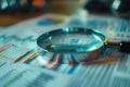 Magnifying glass and documents with analytics data lying on table,selective focus Royalty Free Stock Photo