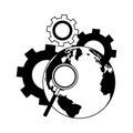 Magnifying glass on earth and gears in black and white