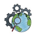 Magnifying glass on earth and gears scribble