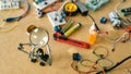 Magnifying glass for electronic soldering. Electrical components kit for building digital devices. Robotics parts and