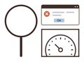 Magnifying Glass, Error Message Box, and Speedometer Representing Analysis and Performance Check Royalty Free Stock Photo