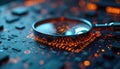 Magnifying glass examines glowing circuit board with binary code. Digital data analysis reveals network security risks. Tech Royalty Free Stock Photo