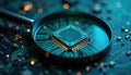 Magnifying glass examines glowing cpu chip on complex circuit board. Digital future, ai tech, microchip innovation, advanced Royalty Free Stock Photo