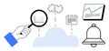 Cloud-Based Data Analysis with Magnifying Glass, Puzzle, Bell, Calendar, and Graph Elements Royalty Free Stock Photo