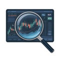 Magnifying glass examining digital stock chart with candlestick patterns on dark blue screen transparent background Royalty Free Stock Photo