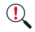 Magnifying glass and exclamation mark icon, caution and alert concept - vector