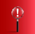 Magnifying glass and exclamation mark icon, hazard and dangerous notice symbol on red background, caution and alert concept Royalty Free Stock Photo