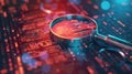 Magnifying glass exploring big data on circuit board with binary code Royalty Free Stock Photo