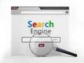 Magnifying glass on fictitious search engine website. 3D illustration