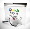 Magnifying glass on fictitious search engine website. 3D illustration