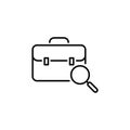 Magnifying glass with flat portfolio briefcase icon. Search Work Vector concept. Outline icon. eps 10