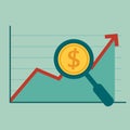 Magnifying glass focus money on raising charts. Royalty Free Stock Photo