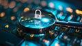 Magnifying glass focus on a padlock icon, against a glowing keyboard dark blue background, concept of secured Internet Royalty Free Stock Photo