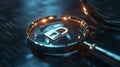 Magnifying glass focus on a padlock icon, against a motherboard dark blue background, concept of Https encrypted Royalty Free Stock Photo