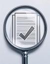 A magnifying glass focuses on documents with checkmarks, symbolizing scrutiny and verification in a detailed illustration