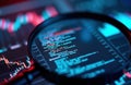 Magnifying glass focuses on glowing neon code on digital screen. Financial charts, graphs visible in background. Data analysis
