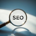 A magnifying glass focuses on the letters SEO, symbolizing search engine optimization. The background is softly lit Royalty Free Stock Photo