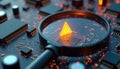 Magnifying glass focuses on warning sign on circuit board. Tech inspection shows possible error. Modern tech diagnostics. Future
