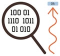 Magnifying Glass Analyzing Binary Code with Arrow Indicating Success or Completion Royalty Free Stock Photo