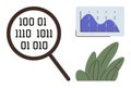Magnifying Glass Analyzing Binary Code with Data Chart and Green Leaves Royalty Free Stock Photo