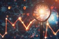 Magnifying glass focusing on a lightbulb symbolizing ideas in a backdrop of digital graphs and binary codes Royalty Free Stock Photo