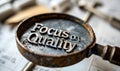 Magnifying glass focusing on the phrase Focus on Quality against a white background, symbolizing the importance of quality