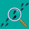 Magnifying glass and footprints vector flat illustration. Detective inspection concept