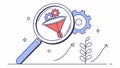 Magnifying glass with funnel and gears, process optimization vector design Generative AI
