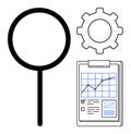 Magnifying Glass, Gear, and Analytics Clipboard Representing Analysis and Process Efficiency Royalty Free Stock Photo