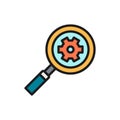 Magnifying glass with gear wheel, factory performance analysis flat color icon. Royalty Free Stock Photo