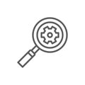 Magnifying glass with gear wheel, factory performance analysis, plant research line icon. Royalty Free Stock Photo