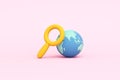 magnifying glass and globe pink background application search engine study kid cute imagination creative discovery connect world.