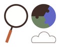 Magnifying Glass with Puzzle Globe and Cloud as Concept for Exploration and Solutions Royalty Free Stock Photo
