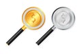 Magnifying glass with gold and silver coins on white background. Business concept. Vector illustration. Royalty Free Stock Photo