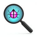 Magnifying glass and a green bug, code debugging concept
