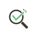 Magnifying glass with green check tick. Vector icon illustration design. For concepts of research, results found, success.