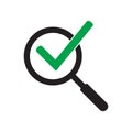 Magnifying glass with green check tick. Vector icon illustration design. For concepts of research, results found, success, reviews Royalty Free Stock Photo