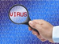 Magnifying glass hand on digital background detecting virus