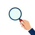 Magnifying glass in hand in flat style.Icon of hand holding a magnifying glass on isolated background.Flat lens or loupe. vector Royalty Free Stock Photo