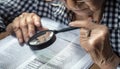 magnifying glass in hand on the newspaper magnifying glass in hand of person magnifying glass in hand Royalty Free Stock Photo