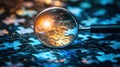 Magnifying glass highlighting puzzle pieces on a colorful background Royalty Free Stock Photo