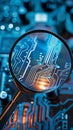 Magnifying glass highlights computer security system, essential for cybersecurity Royalty Free Stock Photo