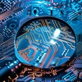 Magnifying glass highlights computer security system, essential for cybersecurity Royalty Free Stock Photo
