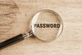 A magnifying glass highlights the word password, emphasizing the importance of security in a digital workspace. This