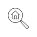 Magnifying glass with house, apartment search line icon.