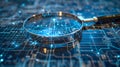 Magnifying glass hovering over a digital blueprint.