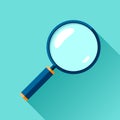 Magnifying glass icon in flat style. Search loupe on color background. Vector design object for you business project