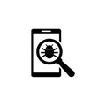 A magnifying glass icon hovers over a smartphone, symbolizing a security scan or antivirus check on a mobile device to