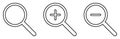 Magnifying glass icon set. Search symbol. Zoom in and zoom out sign. Loupe outline vector illustration isolated on white